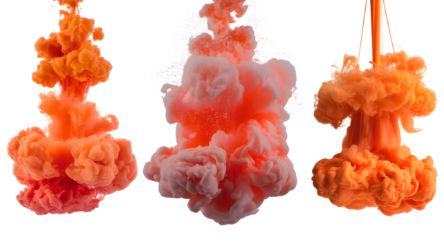 Three plumes of orange and pink ink swirling in dark water