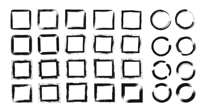 Collection of hand drawn black square and circle frames with a brush stroke texture on a white background