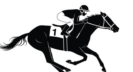 Galloping racehorse with jockey number 1 in full stride, powerful motion, speed, competition, and equestrian sport action in a clean, graphic illustration vector.