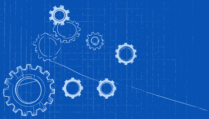 Obraz premium Blueprint style illustration featuring interlocking gears, line graphs and a grid. A technical aesthetic