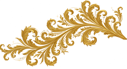 Elegant golden floral swirl design with pearls on transparent background