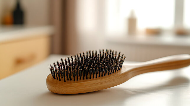 Wooden hairbrush with black bristles on a white surface in front of a bright window. Focus is on the brush bristles. Subtle background details suggest a room setting.