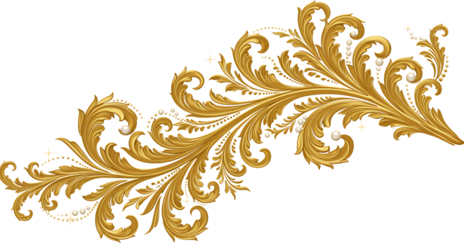 Elegant golden floral swirl design with pearls on transparent background