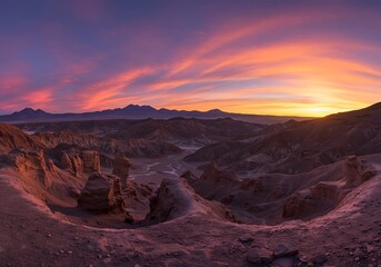 Dramatic sunset paints the desert landscape with vibrant colors and shadows.