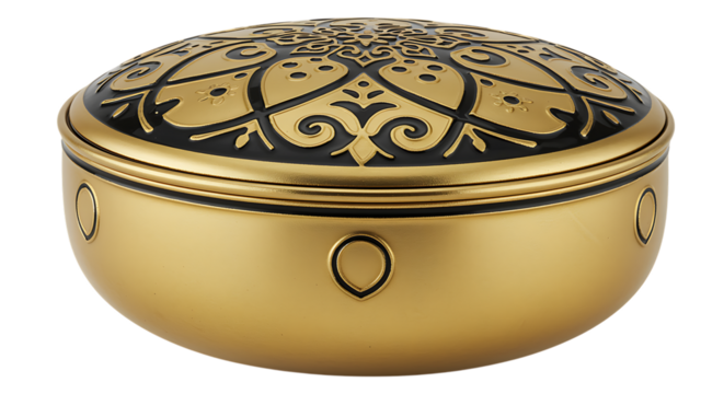 Detailed golden round jewelry box with ornate patterns on transparent background