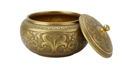 Detailed golden ornate pot with lid elegant design on transparent background