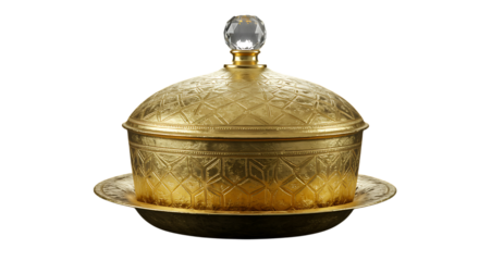 Elegant golden decorative box with a crystal knob on transparent background