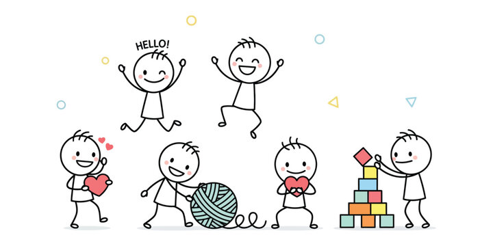A vibrant and playful illustration of stick figures engaging in various joyful activities, symbolizing happiness and community