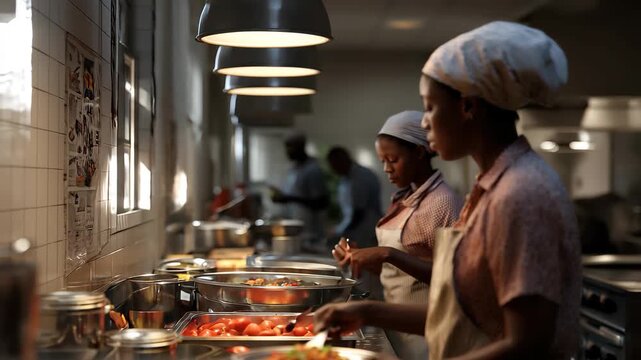 Female volunteers prepare meals in a community food center during evening hours, promoting nourishment and support for those in need
