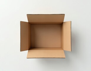 Open empty brown cardboard box on white background viewed from above. Box is open with flaps unfolded. Simple packaging for shipping or storage. Clean and minimalistic design.