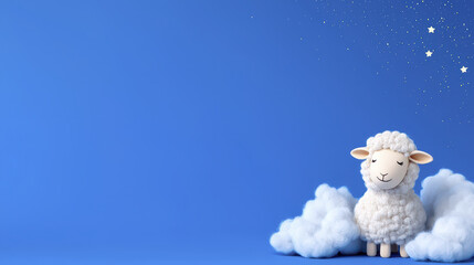 Obraz premium Cute sheep made of fluffy material sits among soft clouds, gazing at twinkling stars against blue background