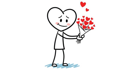 Charming hand-drawn stick figure with a heart-shaped head gives a beautiful bouquet of red hearts as a symbol of love and affection