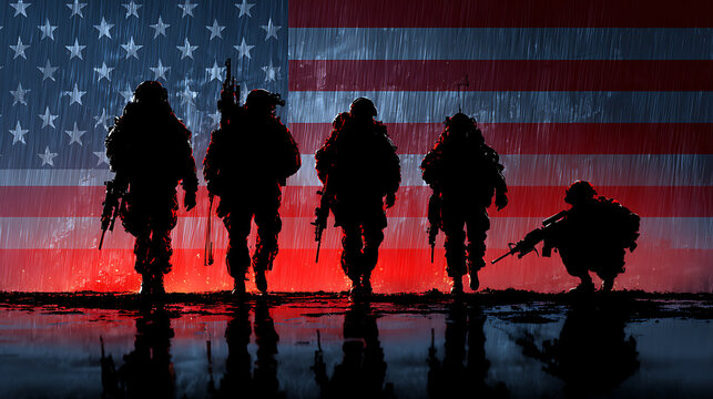 Soldiers Silhouette Against American Flag Reflecting Determination and Patriotism