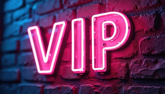 Bright pink neon VIP sign mounted on a brick wall with dark blue background. Glowing sign at night. Exclusive entrance to a club or bar. Luxury and special invitation symbol.