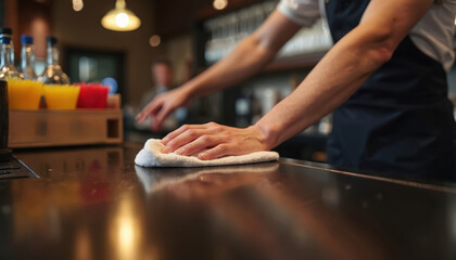 Bartender wipes down bar counter using cloth. Person works cleaning surface in a uniform at the pub. Worker wiping spills off the table. Ready for customers, maintains hygiene in restaurant.