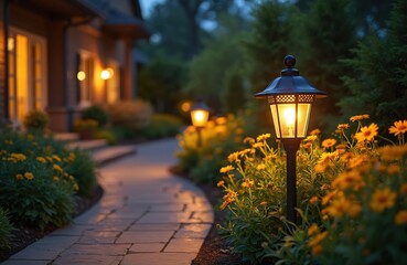 Obraz premium Night view shows house with solar powered garden lights illuminating walkway. Flowers bloom near path. Eco friendly tech powers home illumination. Cozy backyard garden illuminated by electric lantern.