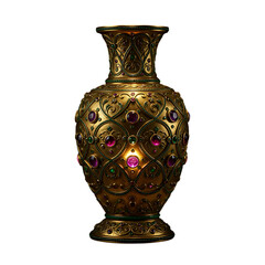 Ornate golden vase with ruby gemstones and intricate details on transparent background