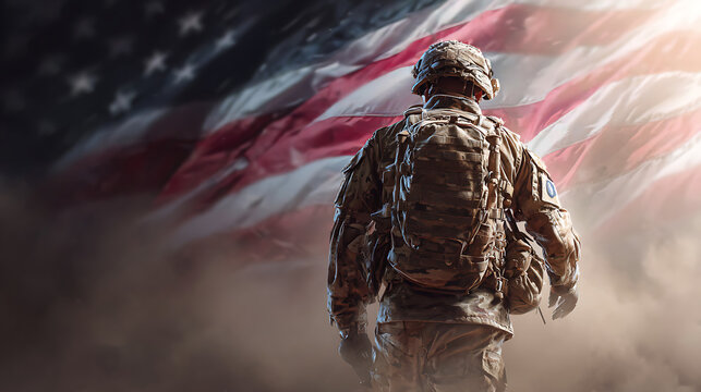American soldier standing in front of the U.S. flag with dramatic lighting, symbolizing patriotism and duty