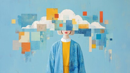 Contemporary female portrait collage with a cloud-covered face against a pastel backdrop, minimalist aesthetic, emphasizes isolation and simplicity, evokes serenity and introspection