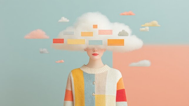 Contemporary collage of a female portrait with a cloud-covered face, set against a soft pastel backdrop, embracing minimalism and a serene aesthetic.