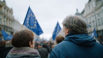 Elderly Caucasian couple engrossed in lively European unity parade, blue flags fluttering symbolizes peace, Maastricht Treaty reflections