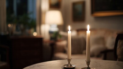 Elegant candlesticks flicker in serene twilight, evoking hygge charm, perfect for Walpurgis Night or intimate Nordic evenings