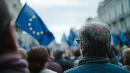 Elderly Caucasian man amidst vibrant EU rally, sparking unity on Europe Day, capturing democracy's ebb and flow