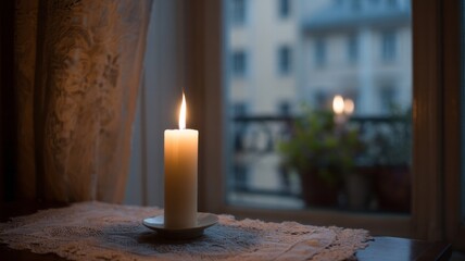A flickering candle casts cozy shadows for Hygge evenings, meditation retreats, and Diwali magic amid twilight whispers