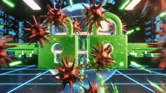Corporate security metaphor of emerald 'keys' locking onto and disarming red 'malware' particles.