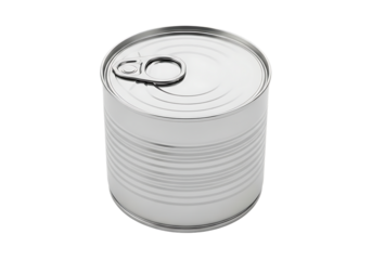 A plain white metal food can with a pull tab lid isolated on transparent background