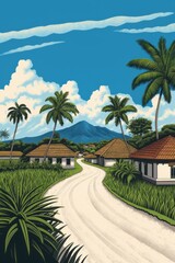Idyllic tropical village under a sapphire sky, evoking Dia de la Raza's unity, lush serenity, and hidden ancestral tales