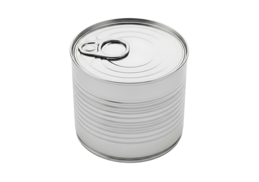 A plain white metal food can with a pull tab lid isolated on transparent background