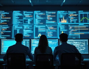 Three IT specialists work in control room at night. People monitor complex data streams and charts on multiple computer screens displaying code and graphs. Modern tech analysis center.