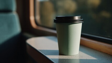 A lone paper cup basks in soft morning light on a train, invoking the serenity of Slow Living Day