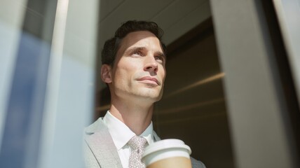 A thoughtful Caucasian man gazes contemplatively clutching coffee cup, embodying International Coffee Day introspection and casual business ethos