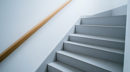 Minimalist staircase with a wooden handrail against a white wall creates a sense of modernity and simplicity, inviting ascension. The clean lines emphasize architectural design.
