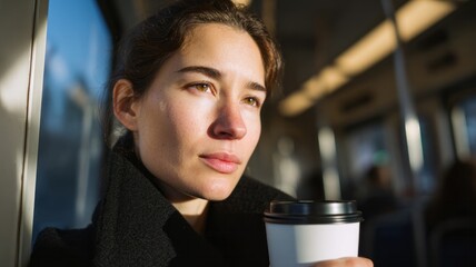A contemplative Caucasian woman silently sips coffee on a train, embodying solstice reflections and obscure commuter tales