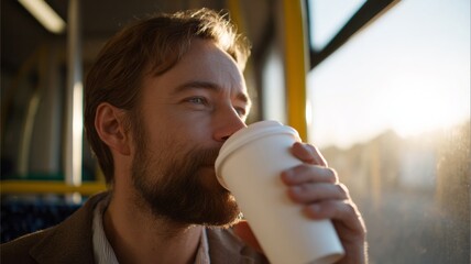 Pensive man sipping morning coffee on a sunlit bus, embodying Hygge warmth, capturing Slow Living essence