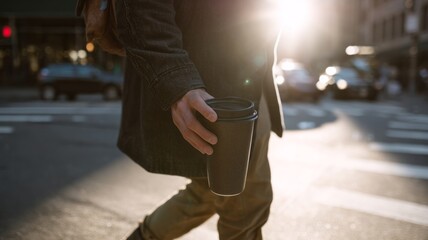 Urban wanderer clutches hot coffee, sun-drenched pedestrian journey, bustling cityscape, Coffee Day reflection, solitary mindfulness ritual