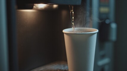 Steamy coffee pours into a paper cup, a warm embrace for Espresso Day enthusiasts and weary midnight coders