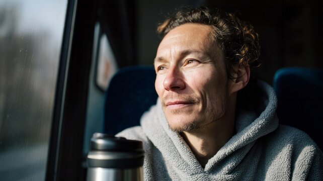 A contemplative Caucasian man gazes out a bus window, embodying Quiet Daydreaming Fest, sipping serenely with a thermos
