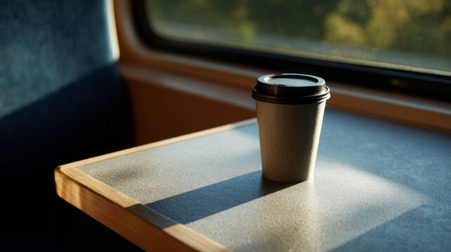 Silent dawn train journey with steaming caramel macchiato, embracing solitude, Slow Travel Day, reflecting eerie wanderlust tales