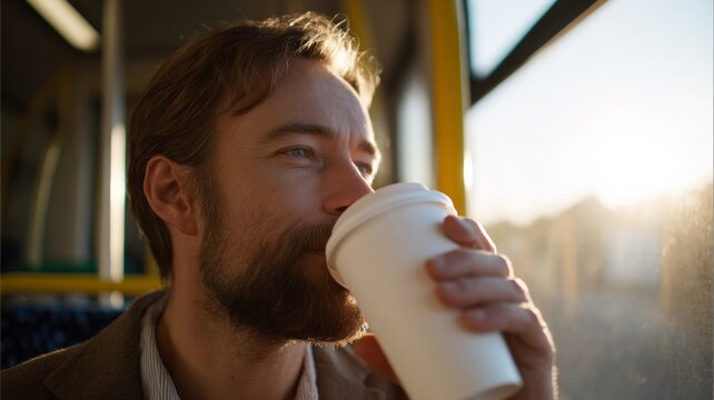 Pensive man sipping morning coffee on a sunlit bus, embodying Hygge warmth, capturing Slow Living essence