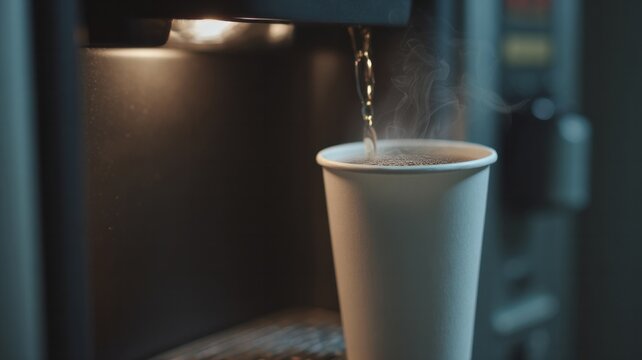 Steamy coffee pours into a paper cup, a warm embrace for Espresso Day enthusiasts and weary midnight coders