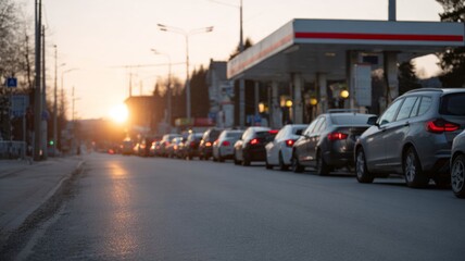 Serpentine car queue at dawn's quiet gas station, evoking Road Trip Day and symbolizing the serenity of Waiting Day