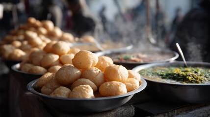 Golden pani puri glistens enticingly, evoking festive vibrancy during Holi, street food dreams, and Diwali culinary adventures