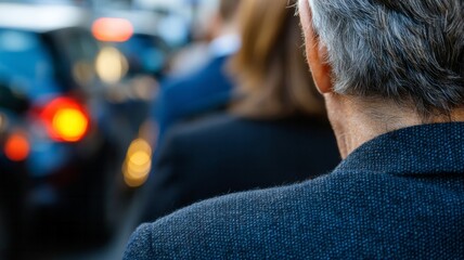 Stoic patience in traffic, urban rituals, gray-haired European man in line, city life, winter solstice commute hustle