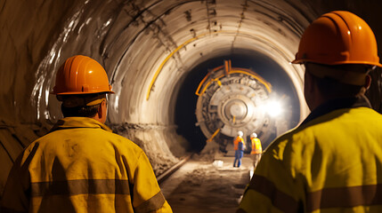 Tunnel vision: Construction workers inspecting a tunnel boring machine in a large tunnel, focus on safety & engineering as the team works underground.