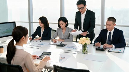An asian busines team meeting modern office finance planning and collaboration with calculator, laptop, and document review analytic charts, leadership strategy, data growth, conference presentation - Powered by Adobe