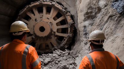 Fototapeta premium Two construction workers in safety gear observe a massive tunnel boring machine excavating through rock. The machine's circular cutter head dominates the scene, surrounded by debris.